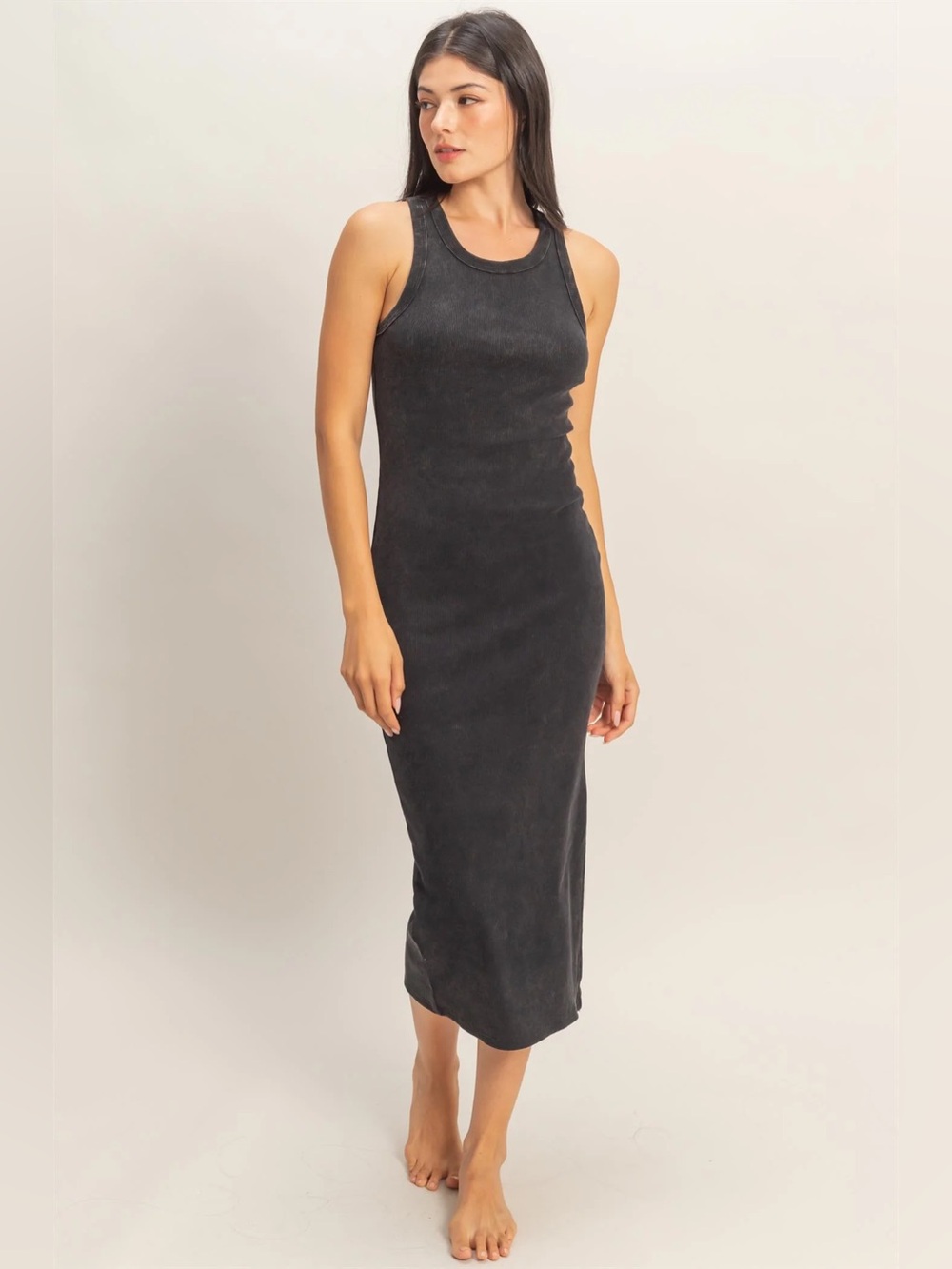 NEW Double Zero Black Midi Tank Dress Acid Wash Ribbed Side Slit Size Medium - Picture 6 of 7